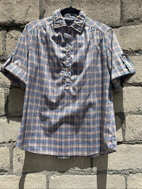 VINTAGE 70s Blue/Orange Plaid Popover Henley Blouse Top ~M 11/12